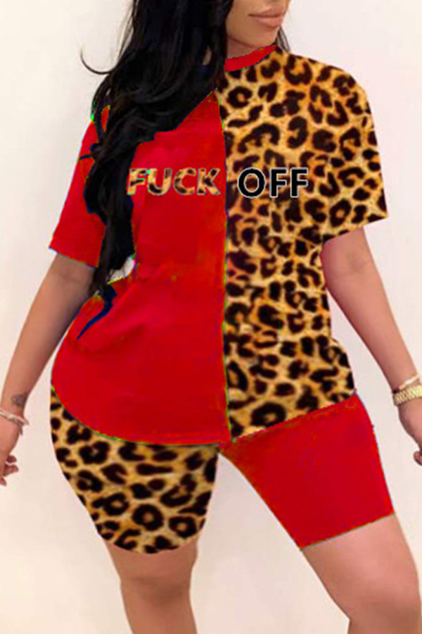 

Lovely Casual Patchwork Red Plus Size Two-piece Shorts Set