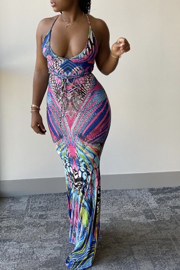 

Lovely Sexy Deep V Neck Print Multicolor Maxi Dress, Multi