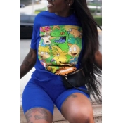 Lovely Casual Printed Blue Two-piece Shorts Set