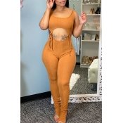 Lovely Sexy Lace-up Browm One-piece Jumpsuit
