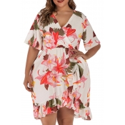 Lovely Bohemian V Neck Print White Knee Length Plu
