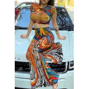 Lovely Bohemian O Neck Print Multicolor Two-piece 