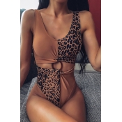 Lovely Patchwork Coffee One-piece Swimsuit