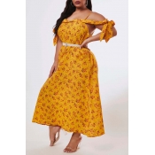 Lovely Bohemian Floral Print Yelllow Ankle Length 