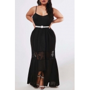 Lovely Sexy Lace Patchwork Black Maxi Plus Size Dr