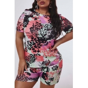 Lovely Casual Print Green Plus Size Two-piece Shor
