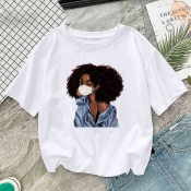 Lovely Casual O Neck Print White Plus Size T-shirt