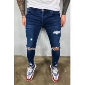 Men Lovely Trendy Hollow-out Deep Blue Jeans