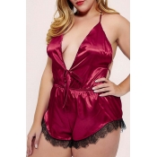Lovely Sexy Lace Hem Wine Red Plus Size Sleepwear