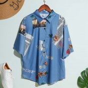 Lovely Stylish Turndown Collar Print Blue Shirt