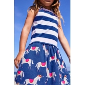 Lovely Sweet Striped Blue Girl Knee Length Dress