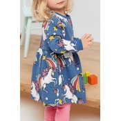 Lovely Sweet Print Blue Girl Knee Length Dress