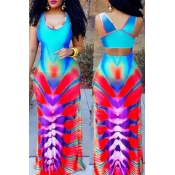 Lovely Stylish Printed Hollow-out Floor Length Dre