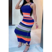 Lovely Sexy Striped Royalblue Ankle Length Dress