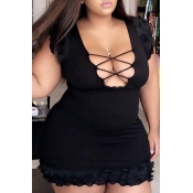 Lovely Plus Size Sexy Patchwork Black Mini Dress