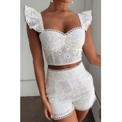 Lovely Stylish Lace Hem White Two-piece Shorts Set