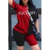 LW Casual Patchwork Red Two-piece Shorts Set