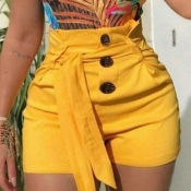 Lovely Trendy Buttons Design Yellow Plus Size Shor