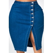 Lovely Casual Buttons Design Blue Plus Size Skirt