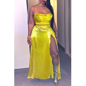 Lovely Sexy Side Slit Yellow Ankle Length Dress