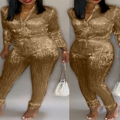 Lovely Stylish Sequined Gold Plus Size One-piece J