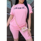 Lovely Casual Letter Print Pink Two-piece Shorts S