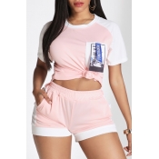 Lovely Casual Patchwork Pink Two-piece Shorts Set