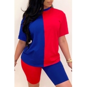 Lovely Casual O Neck Patchwork Red Two-piece Short