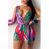 Lovely Trendy Plants Print Red One-piece Romper