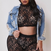 Lovely Trendy Broken Holes Blue Plus Size Jacket