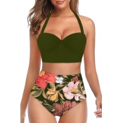 Lovely Print Army Green Bathing Suit Two-piece Swi
