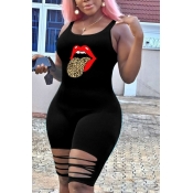 Lovely Stylish Lip Print Black One-piece Romper