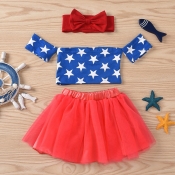 Lovely Sweet Print Blue Girl Two-piece Skirt Set