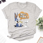 Lovely Leisure O Neck Cartoon Print Grey T-shirt