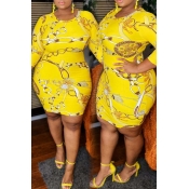 Lovely Casual Print Yellow Mini Plus Size Dress
