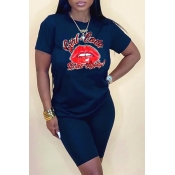 LW Trendy Lip Print Dark Blue Two-piece Shorts Set