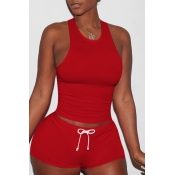 Lovely Sportswear Lace-up Red Two-piece Shorts Set