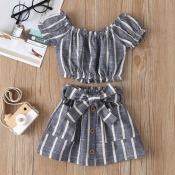 Lovely Sweet Striped Dark Grey Girl Two-piece Skir