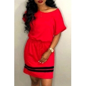 Lovely Casual O Neck Lace-up Red Mini Dress
