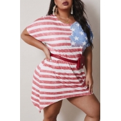 Lovely Casual O Neck Striped Red Mini Plus Size Dr