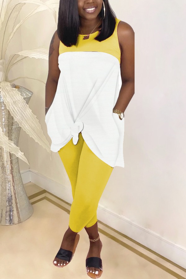 

Lovely Casual Patchwork Yellow Two-piece Shorts Set