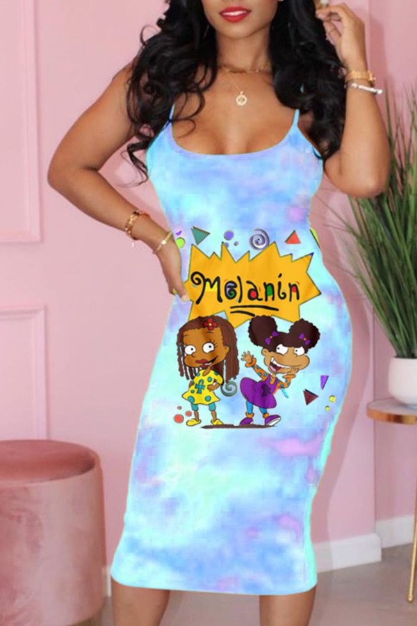 

Lovely Casual Cartoon Print Blue Mid Calf Dress