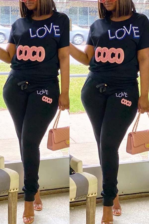 

Lovely Casual Letter Print Black Two-piece Pants Set