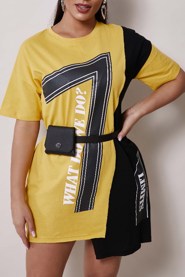 

Lovely Leisure O Neck Patchwork Yellow Mini Dress