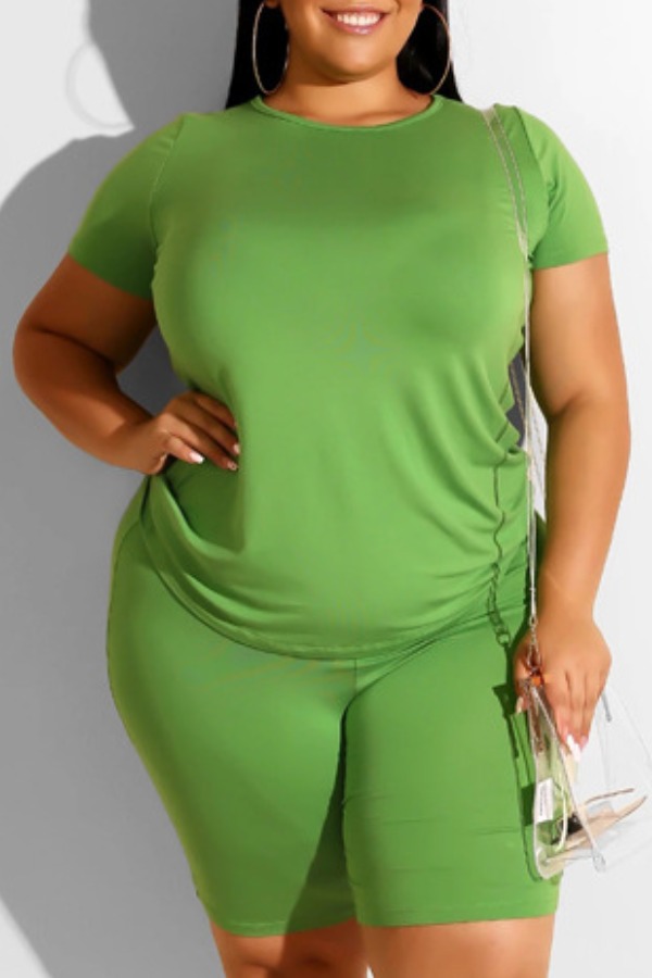 

Lovely Casual Basic Green Plus Size Two-piece Shorts Set
