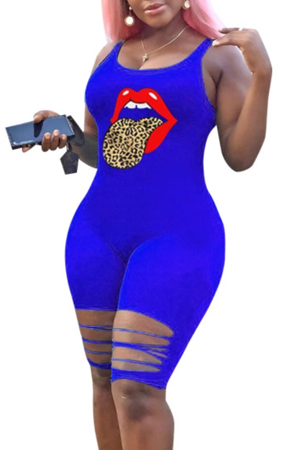 

Lovely Stylish Lip Print Blue One-piece Romper
