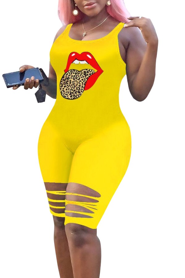 

Lovely Stylish Lip Print Yellow One-piece Romper