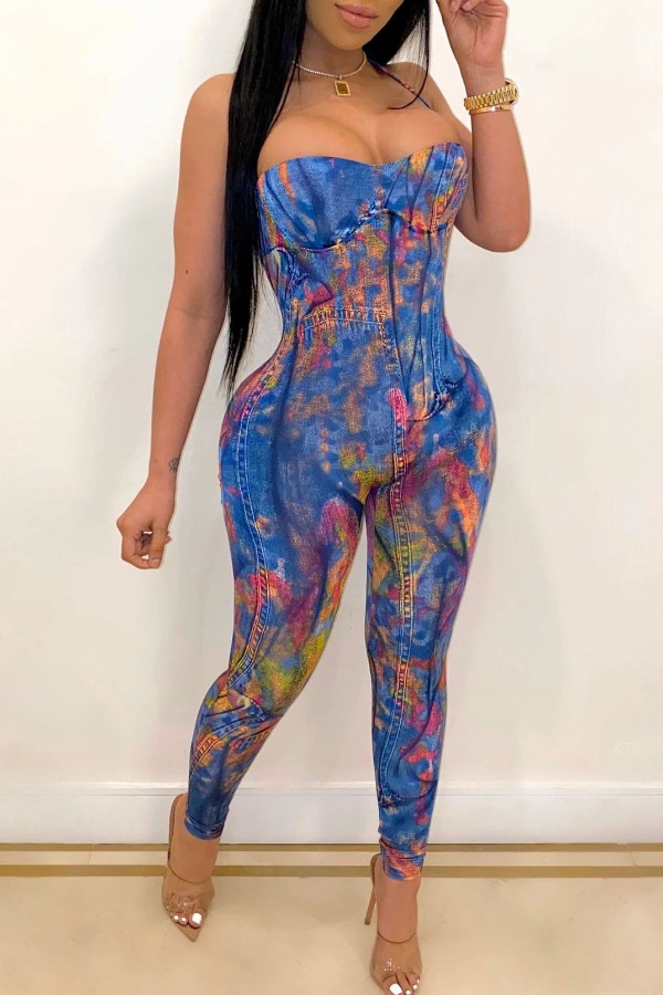 

Lovely Trendy Dew Shoulde Print Blue One-piece Jumpsuit
