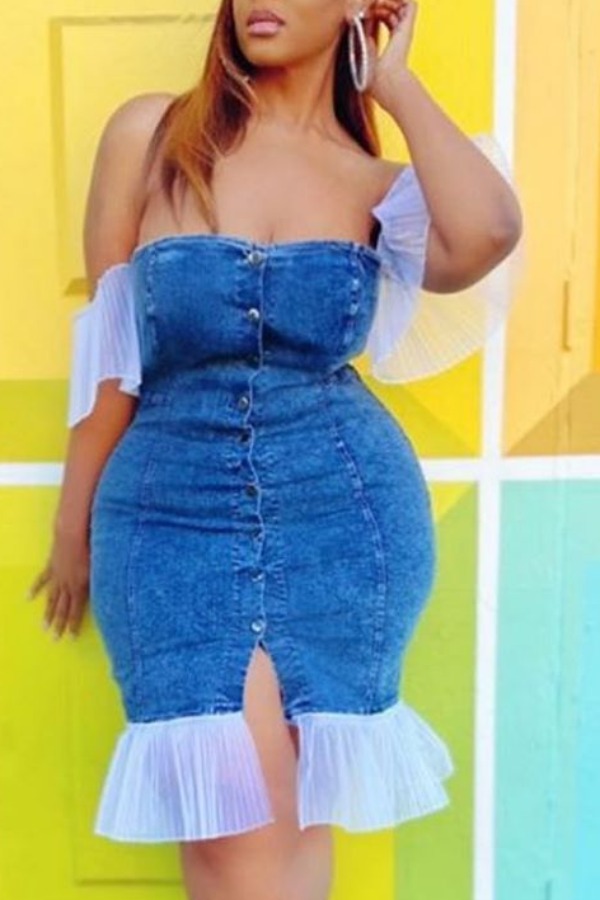 

Lovely Trendy Patchwork Blue Knee Length Plus Size Dress