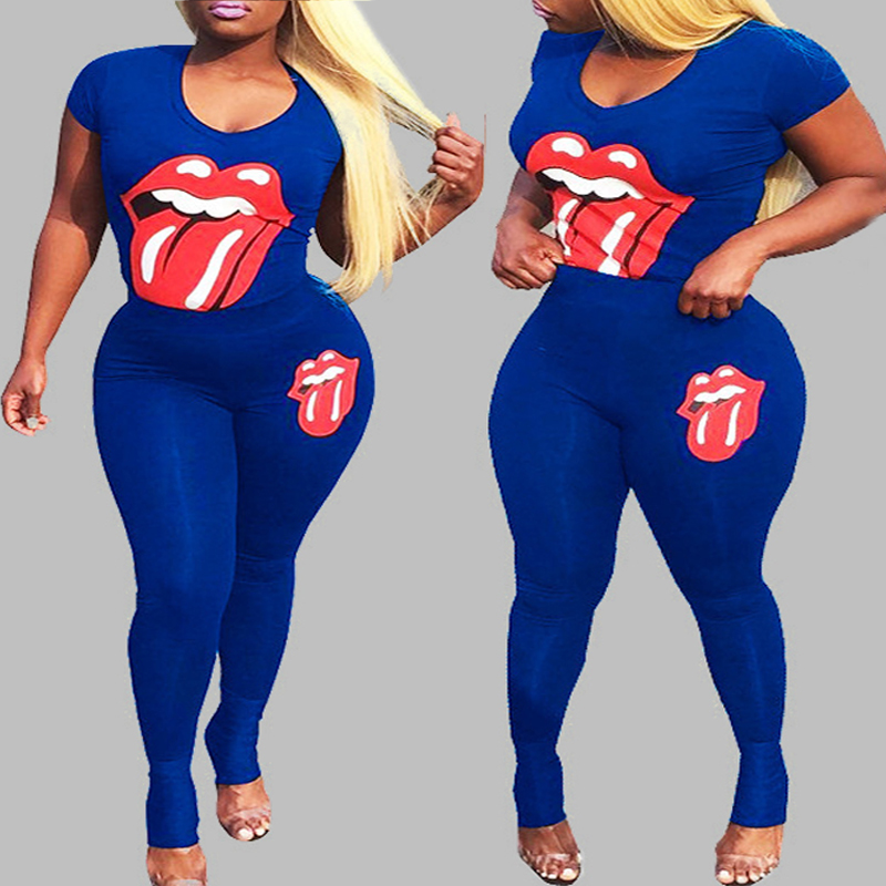 

Lovely Leisure Lip Print Blue Plus Size Two-piece Pants Set